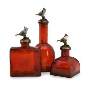  Set of 3 Red Bottles w/ Bird Stoppers