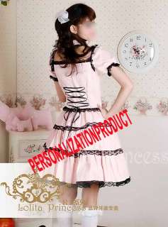 Sweet Lolita bl​ack Lace Pink Cotton Dress Ball Gown Cosplay 2pcs 