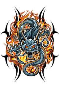 TRIBAL SILVER DRAGON ORANGE FLAMES temporary Tattoo  