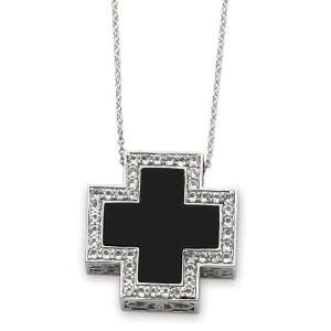   Silver and Black Onyx Battle Cross Pendant with CZ Accents: Jewelry