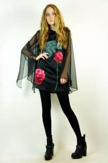 DESCRIPTION Vintage 70s black mini dress. Bold rose flower print dawns 