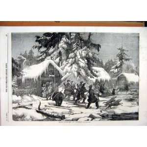  1856 Bear Hunting Sweden Men Snow Cabin Dogs Tree Print 