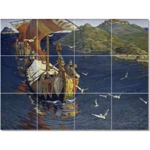Nilolai Roerich Ships Tile Mural Traditional Home Construction  24x32 