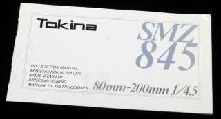 Genuine TOKINA SMZ845 80 200mm F/4.5 LENS OWNERS MANUAL INSTRUCTION 