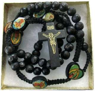 Mens Religious Wooden Beads Rosary Necklace Black 26  