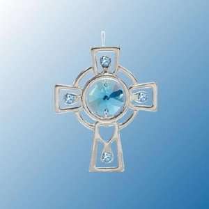  Chrome Celtic Cross Ornament   Blue Swarovski Crystal 