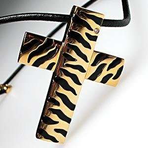 Roberto Coin Tiger Onyx Diamond Cross Pendant Necklace Solid 18k Gold