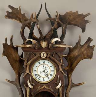 huge antique black forest antler clock regulator 1900   FREE SHIPPING 