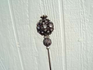 Antique Style Hat Pin 40 Rhinestones Large Metal Ball & Etched bead 