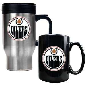 Edmonton Oilers NHL Stainless Steel Travel Mug & Black Ceramic Mug Set 