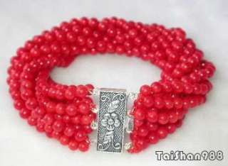 Rows Red Coral Bead Silver Flower Clasp Bracelet  