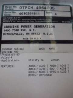 CUMMINS ONAN POWERCOMMAND 3000A 480V TRANSFER SWITCH  