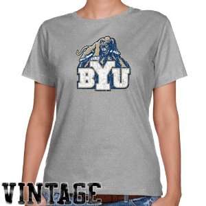 BYU Cougars T Shirt : BYU Cougars Ladies Ash Distressed Logo Vintage 