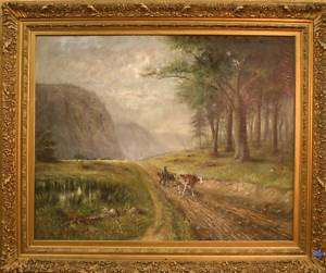 Fine art oil painting signed R A Carter Ox cart Farmer  