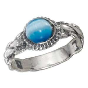   Sterling Silver Braided Sun Design Blue Cat Eye Ring Jewelry