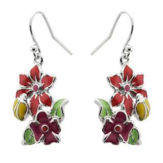 Red Enamel Flowers w/ Yellow Bug Dangle Drop Earrings  