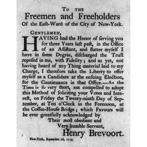  Candidacy announcement of Henry Brevoort, 1775: Home 