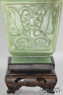 Chinese Spinach Green Jade Vase with Cover and Wooden Stand *NO 