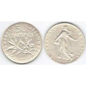    Uncirculated 1917 French Silver 50 Centimes 