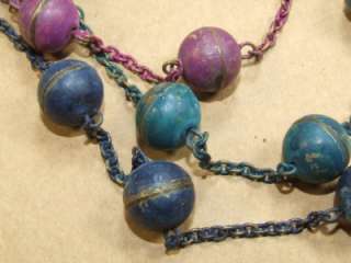 Vintage 3 Strand Painted Brass Ball Beaded Chain Necklace *  