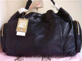 Juicy Couture $348 Black Leather Double Dare Drawstring Hobo Bag Charm 