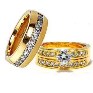 Gold EP His & Hers 3 pieces Mens & Womens TITANIUM Wedding Ring Set 