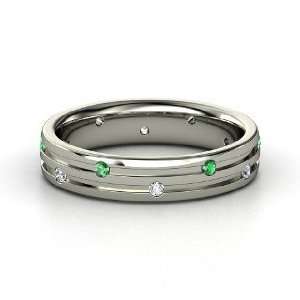 Slalom Band, 14K White Gold Ring with Emerald & Diamond 