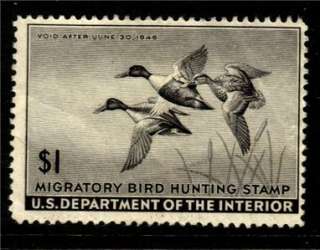 RW12, 1945 $1 Shoveller Ducks, Unused hunting revenue NG  