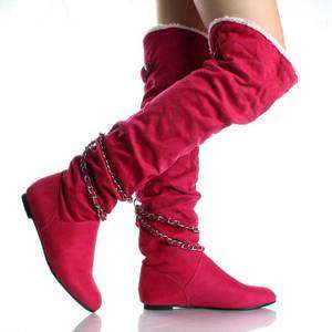 Hot Pink Fuchsia Suede Faux Shearling Fur Winter Snow Flat Knee Thigh 