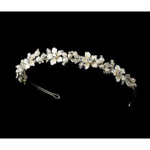  Pearl Crystal Champagne Floral Bridal Headband Tiara 