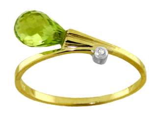 Natural Peridot Briolette & Diamond Ring Solid 14K Yellow Gold Size 6 