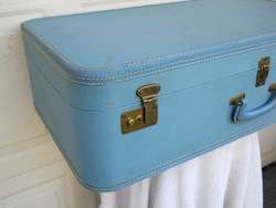 Vintage Blue Vinyl Hard Shell Luggage Suitcase 29x16x9 Clean In & Out 