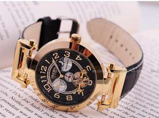  Mens Mechanical Gold Steel Case Automatic Sun Moon Black Leather Watch