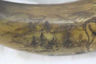 Antique Circa 1850 POWDER HORN Superb Highly Engraved Elk Mountain 