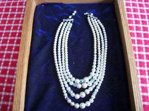 Vintage Faux Pearl 3 String Necklace Japan Silver Clasp  