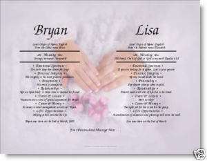 WEDDING COUPLE GIFT PERSONALIZED NAME MEANINGS OR POEM  