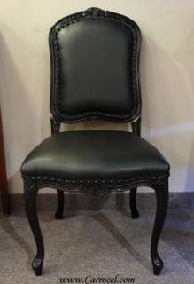 Set of 8 Louis XV Black Lacquered Leather Dining Chairs  