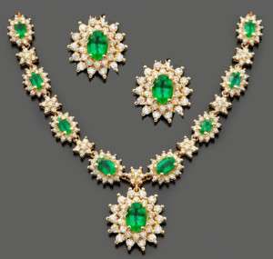 Designer 6.48ct Diamond & Emerald Necklace & Earrings  