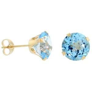    14k Gold 8mm Brilliant Cut Blue Topaz Stone Stud Earrings Jewelry