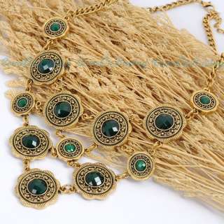 Vintage Golden Round Circle Flower Green Acrylic Beads Pendant Chain 