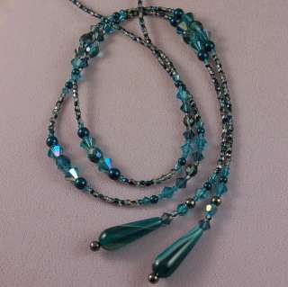Teal Long Lariat Tie Necklace made using Indicolite Swarovski Crystals 