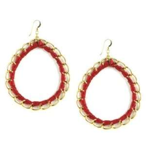  New Jewelry by Jurate Red Woven Leather Gold Earrings 