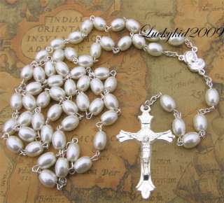 Jesus Cross Pearl White Rosary Rosario Necklace Glass Round Bead chain 