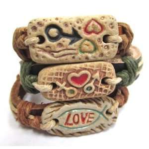 Unisex Surfer Ethnic Tribal Leather Wristband   Love Symbol Pottery 