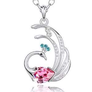  Peacock Bird Charm Pendant 24 Inch Long Necklace Elegant Crystal