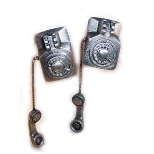 Pewter Metalic Rotary Dial Phone Post Style Dangle Earrings 2 Inch 