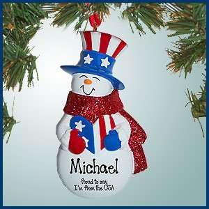Personalized Christmas Ornaments   Patriotic Snowman Holding Heart 