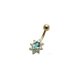 Solid 14K Yellow Gold with Blue Topaz precious stone Flower.Belly 