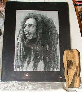 VINTAGE Bob Marley Print & Wood Carving Bust Statue  