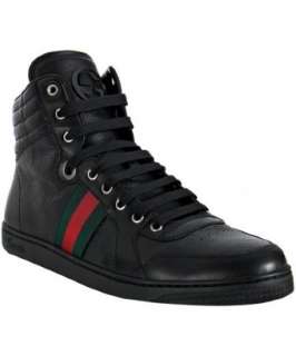 Gucci black leather web stripe high top sneakers   